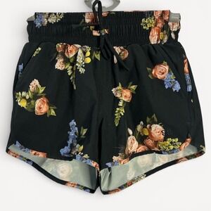 Albion Fit Women XS Black Floral Activewear Shorts Smocked Waistband Gym Workout